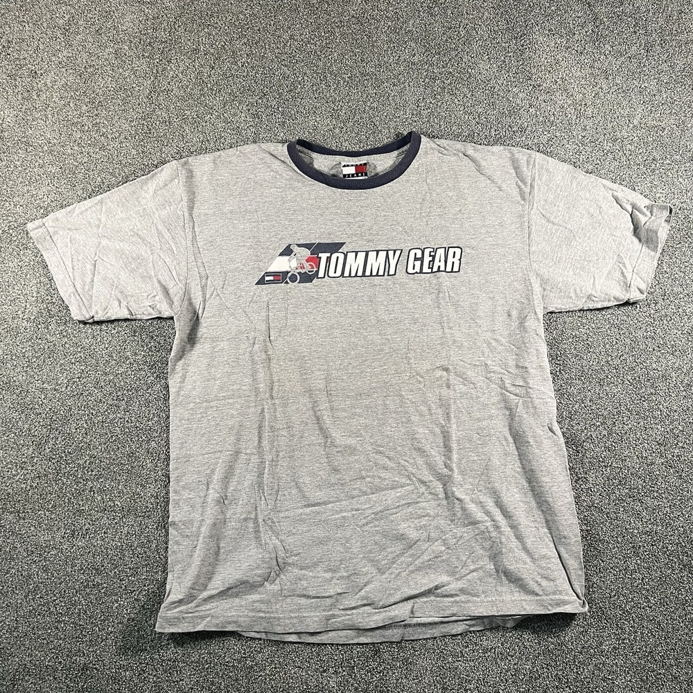 Vintage Tommy Hilfiger Tommy Gear T Shirt Mens Large Gray USA Made 90s Flag